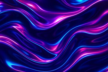 Liquid chrome surface with flowing abstract waves, glossy violet and deep sapphire tones, high shine metallic texture with soft neon blue and magenta reflections, futuristic digital art style, cinemat