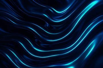Ultra-glossy liquid metal design, abstract digital silk folds in navy blue and electric cyan, soft neon light overlays, fluid aesthetic with surreal reflections, futuristic art