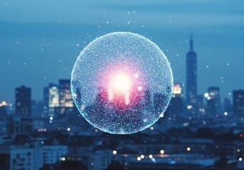 Abstract Digital Sphere Overlaying City Buildings at Night a Photo