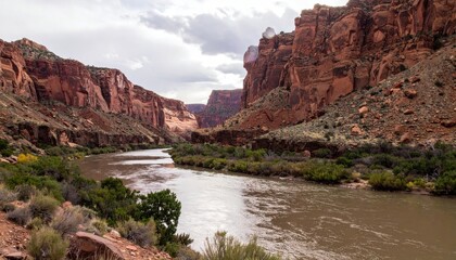 River flows through a canyon flanked by red rock cliffs beneath a cloudy sky