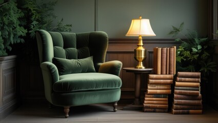Fototapeta premium Elegant Green Armchair Beside a Lamp on Books