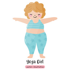 Plus size yoga overweight yoga cute woman yoga pose vector illustration