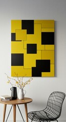 Abstract Geometric Composition with Yellow and Black Shapes on Wall Background Photo