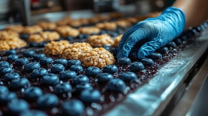 Food prep blueberries and pastries lined on a conveyor; gloved hand checking one