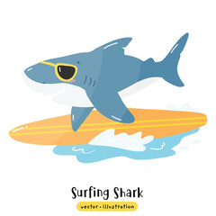 Cute Shark surfing on surfboard with ocean wave vector illustration