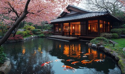 serene Japanese tea house surrounded by a tranquil koi pond and cherry blossoms in full bloom, Generative AI
