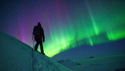 Hiker ascends snowy hill under vibrant aurora borealis night