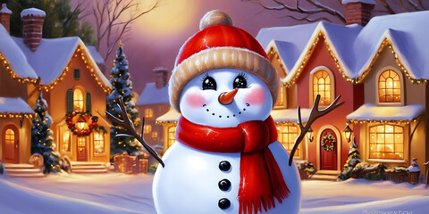 Snowman in Red Hat and Scarf Amid Cozy Winter Scene