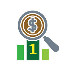 finance icon. business analysis. magnifying glass with dollar coin on podium ranking. analysis symbol, optimization, management. Solid design style
