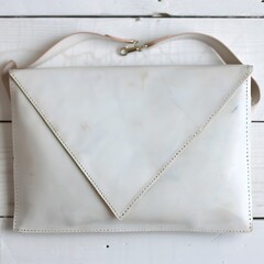 Elegant envelope-style bag on a white wooden surface, a statement piece