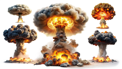 set of nuclear explosions and mushroom cloud isolated on white background