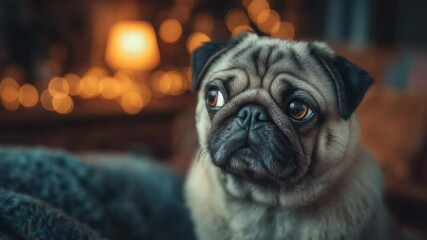 A charming pug with a sad but expressive look looks around against the backdrop of a cozy room