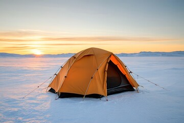 Winter camping setup in snowy wilderness with a durable tent