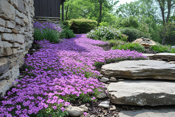 Lush carpet of purple creeping phlox (Phlox subulata) in full bloom with delicate star-shaped flowers featuring pink centers, creating a stunning ground cover in a sunny garden setting.