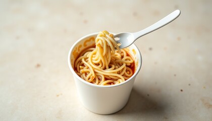 Fork lifting spaghetti noodles from cup on beige background  
