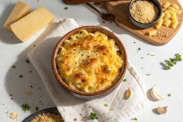Gourmet baked mac and cheese in a rustic bowl