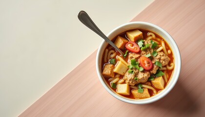 Bowl of noodles with vegetables and chicken on wooden table  
