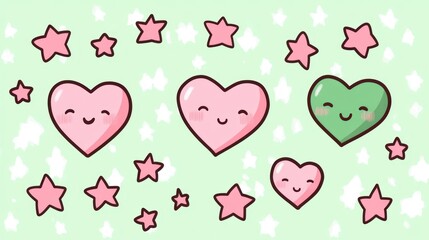 Cute cartoon hearts and stars, kawaii style.