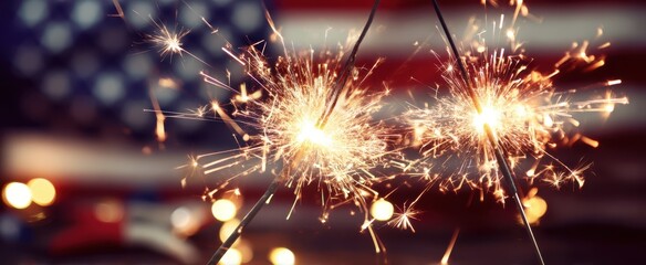 Fototapeta premium The sparkling celebration of independence with festive sparklers against an American flag.