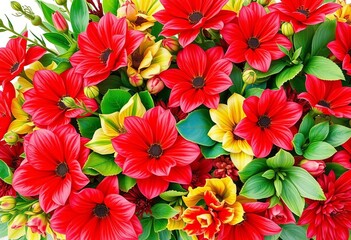 Vibrant red and green watercolor floral arrangement, lush garden blooms, design, garden