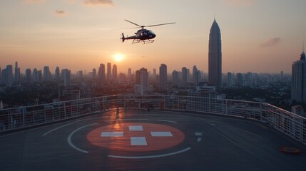 Helicopter landing at sunset on city rooftop helipad aviation transportation