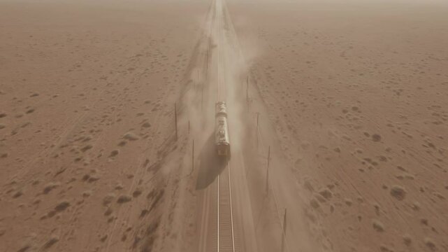 Freight train speeding through dusty desert landscape under hazy sunlight

