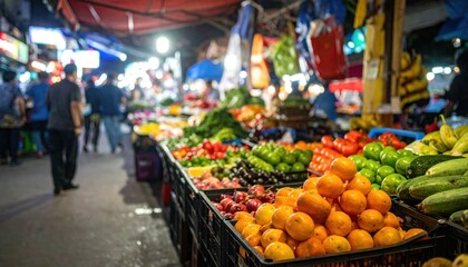 Bustling open-air market with fruit and produce under lights at night