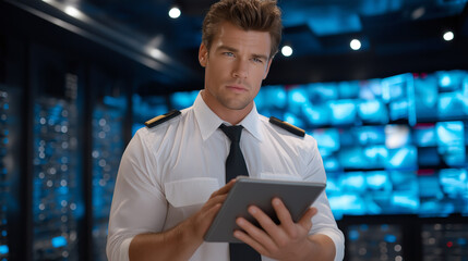 Security guard monitoring surveillance feeds on tablet for public safety