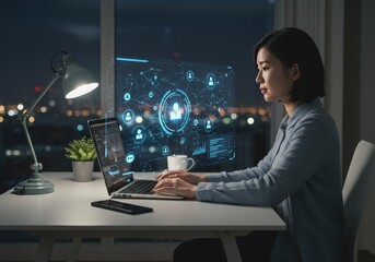 Asian Woman Working On Laptop Computer At Desk Late Night Illustration