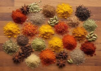 Assorted Spices And Herbs Arranged On Wooden Background Photo