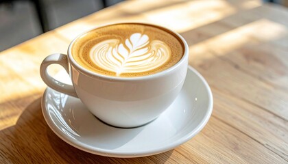 Coffee art A white cup filled with creamy latte featuring a delicate leaf design
