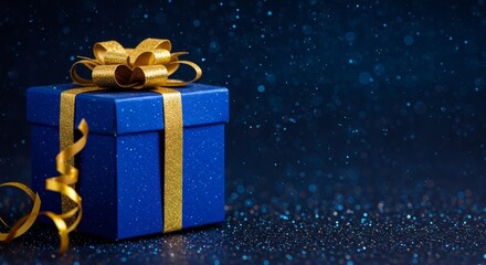 Blue Gift Box With Gold Ribbon And Glitter Background Photo