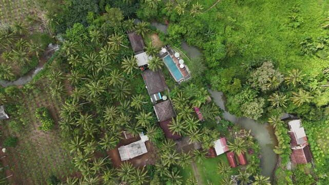 Aerial drone view of red island east java indonesia tropical palm trees birds eye view