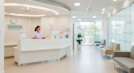 Blurred Interior Of Hospital Reception With Receptionist In Focus Photo