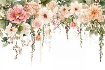 Romantic floral canopy flowers watercolor blossom.