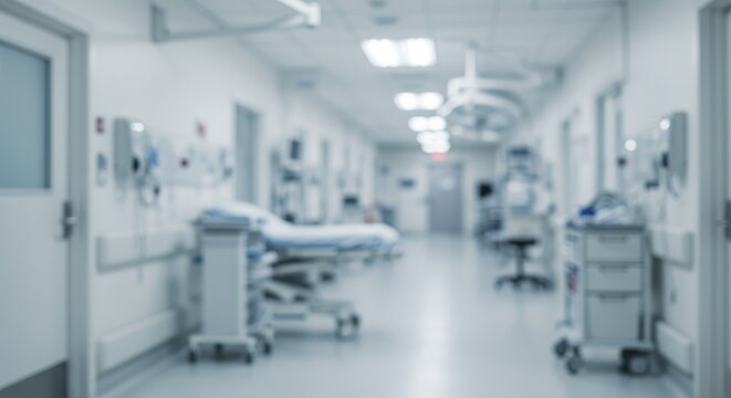 Blurred Hospital Corridor Photo Medical Setting With Blue And White Tones