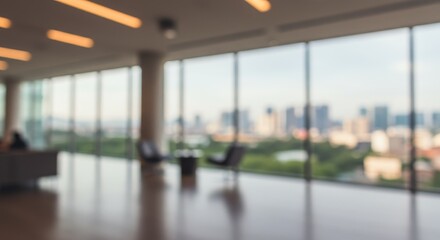Blurred City View Through Windows of A Modern Office Building Interior Photo