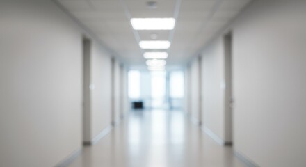 Obraz premium Blurred Perspective Of An Empty Modern Corridor With Bright Lighting And White Walls