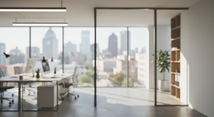Blurred Photo Of Modern Office Interior With Cityscape Background