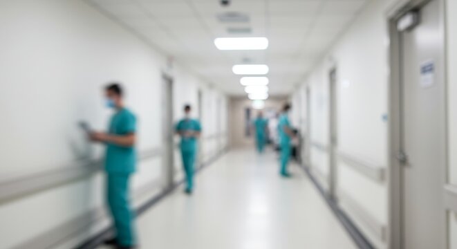 Blurred Photo Of Hospital Corridor With Medical Personnel In Uniform