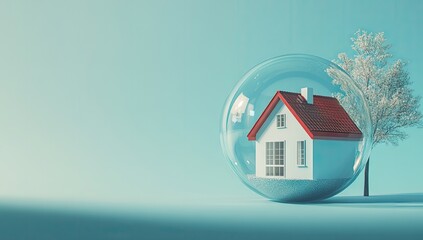 A small, white house with a red roof sits inside a clear glass sphere, nestled on a light teal surface. A snowy tree stands beside it