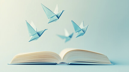 Origami paper birds flying above open book, creative reading and imagination