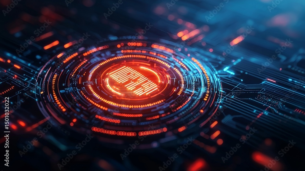 Poster digital circuit design with vibrant colors and glowing lines. cybersecurity data protection and prev