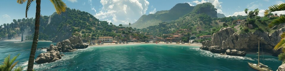 Paraíso tropical costero, playa idílica, pueblo junto al mar, exuberante vegetación