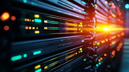 Obraz premium Data center with glowing server panels and vibrant lights.