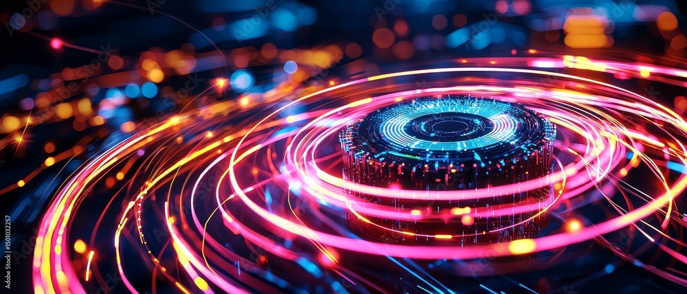 Poster vibrant abstract digital swirl with illuminated circular patterns.