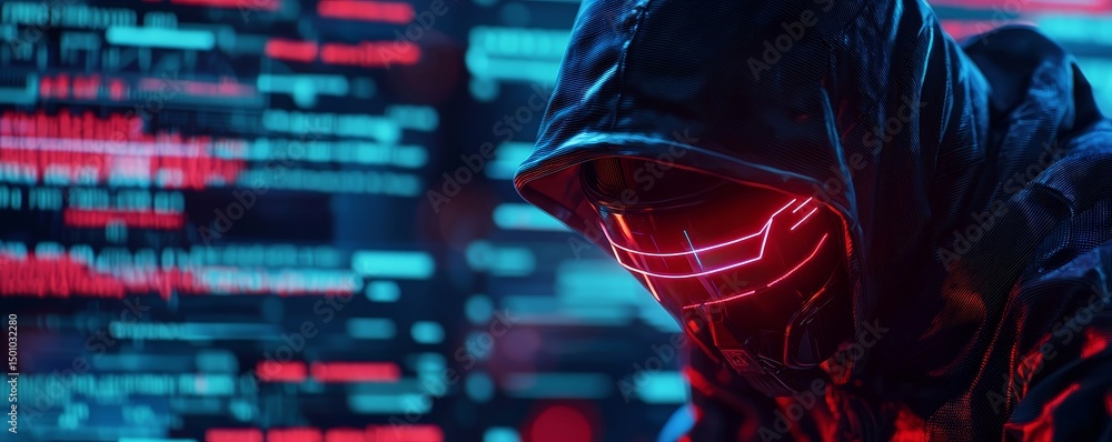 Aufkleber mysterious figure in a hood against a backdrop of digital code.