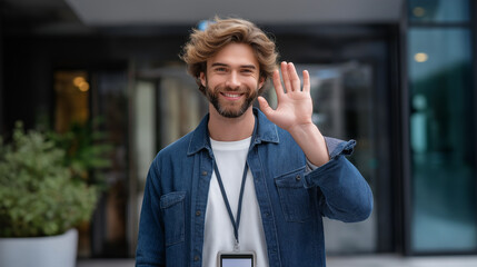 Modern apartment resident using video intercom with security personnel