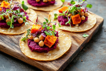 Colorful vegetarian appetizer tacos with beet hummus, chickpeas, roasted sweet potato, and microgreens on corn tortillas.  