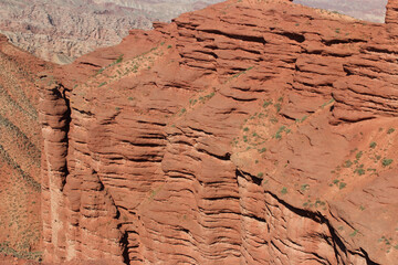 Fototapeta premium View of Pingshan Hu Grand Canyon is mainly composed of red gravel, sandstone, mudstone and is the only composite area of Danxia landform and colored hills in China